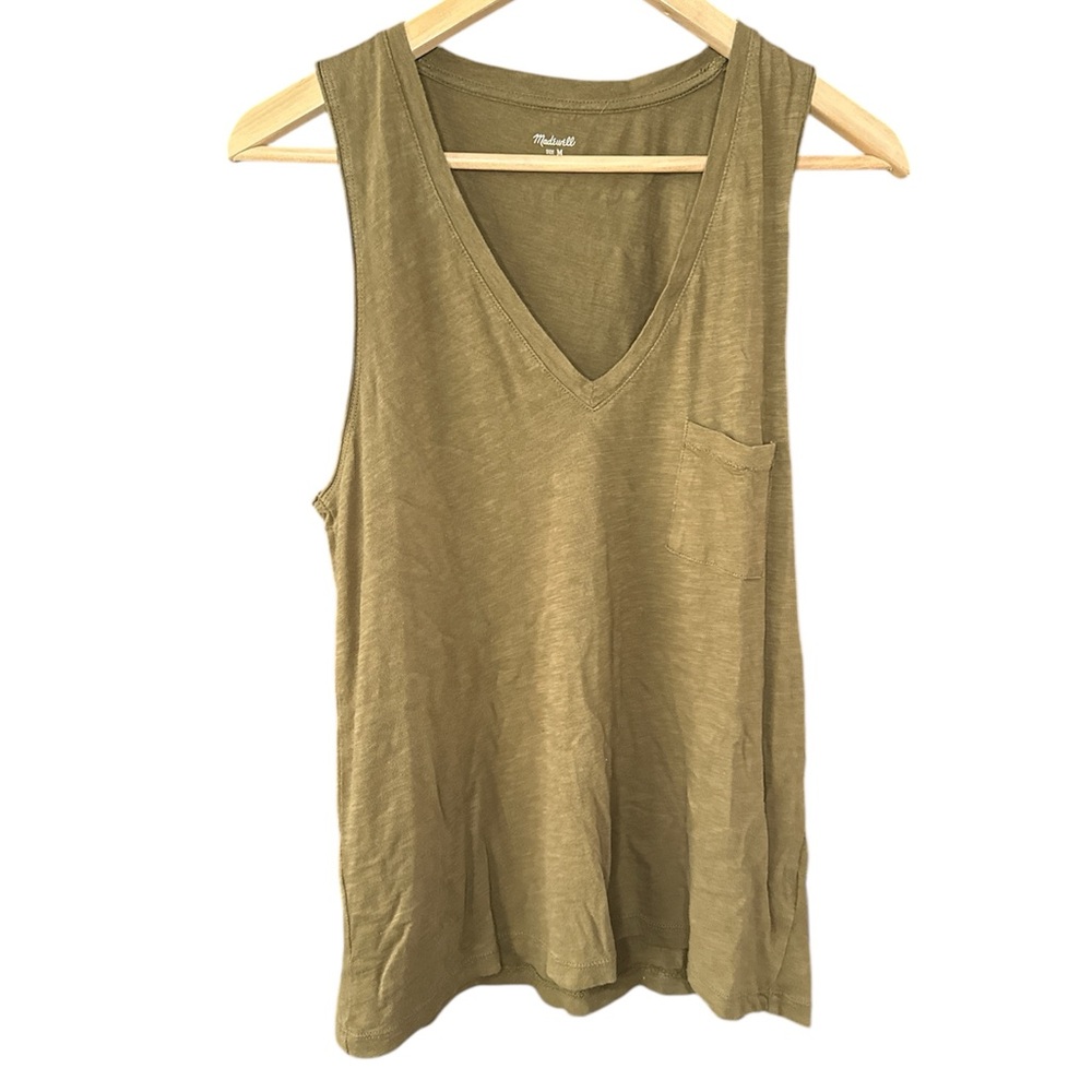 Madewell Whisper V-Neck Pocket Tank Hunter Army Green Medium